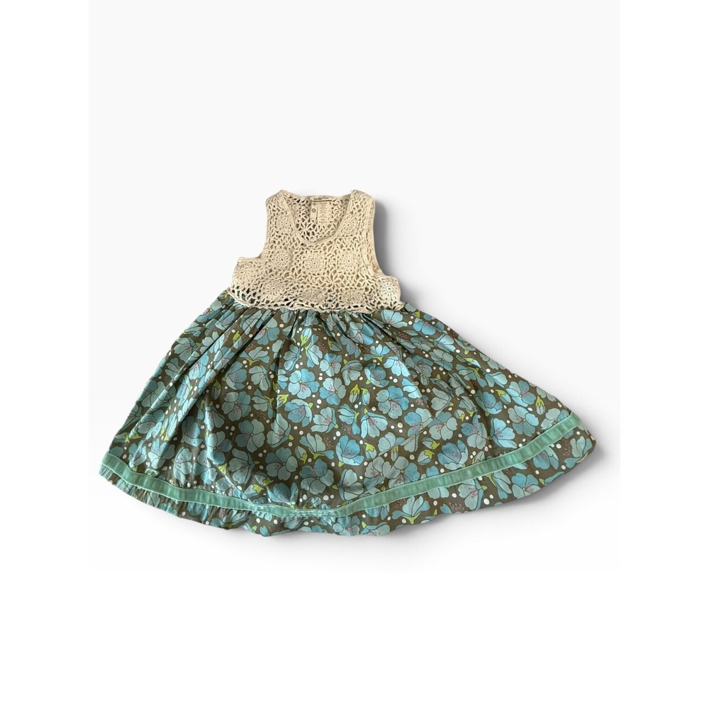 Matilda Jane Girls Floral Crochet Lace Dress Blue Green Brown Velvet Trim Size 6